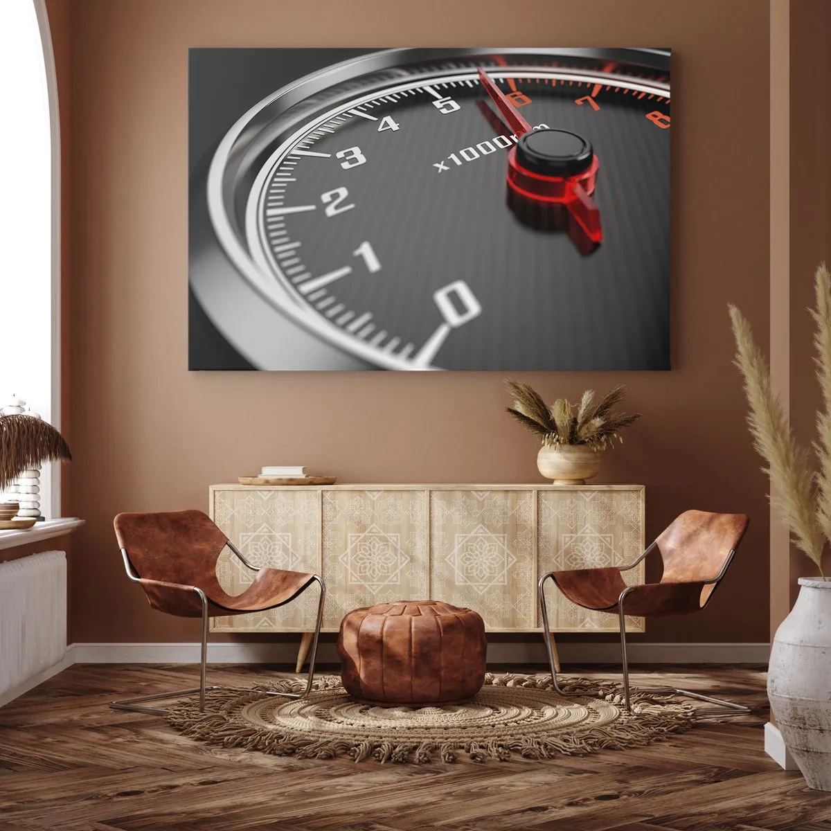 Cuadro sobre lienzo - Impresión de Imagen - Primer plano del tacómetro con la aguja roja - 70x50cm - Pisa a fondo - Decoración de pared moderna para salón y dormitorio ARTTOR