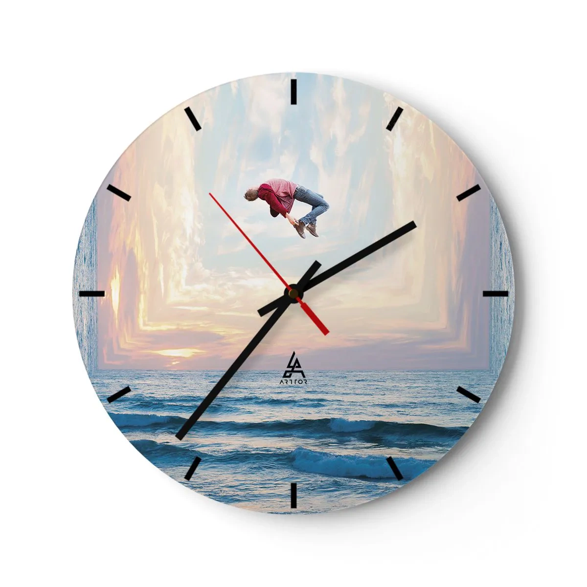 Reloj de pared - Reloj de vidrio - Una figura saltando junto al mar en un paisaje surrealista. - 30x30cm - A otra dimensión - Decoración de pared moderna para salón, cocina y dormitorio ARTTOR