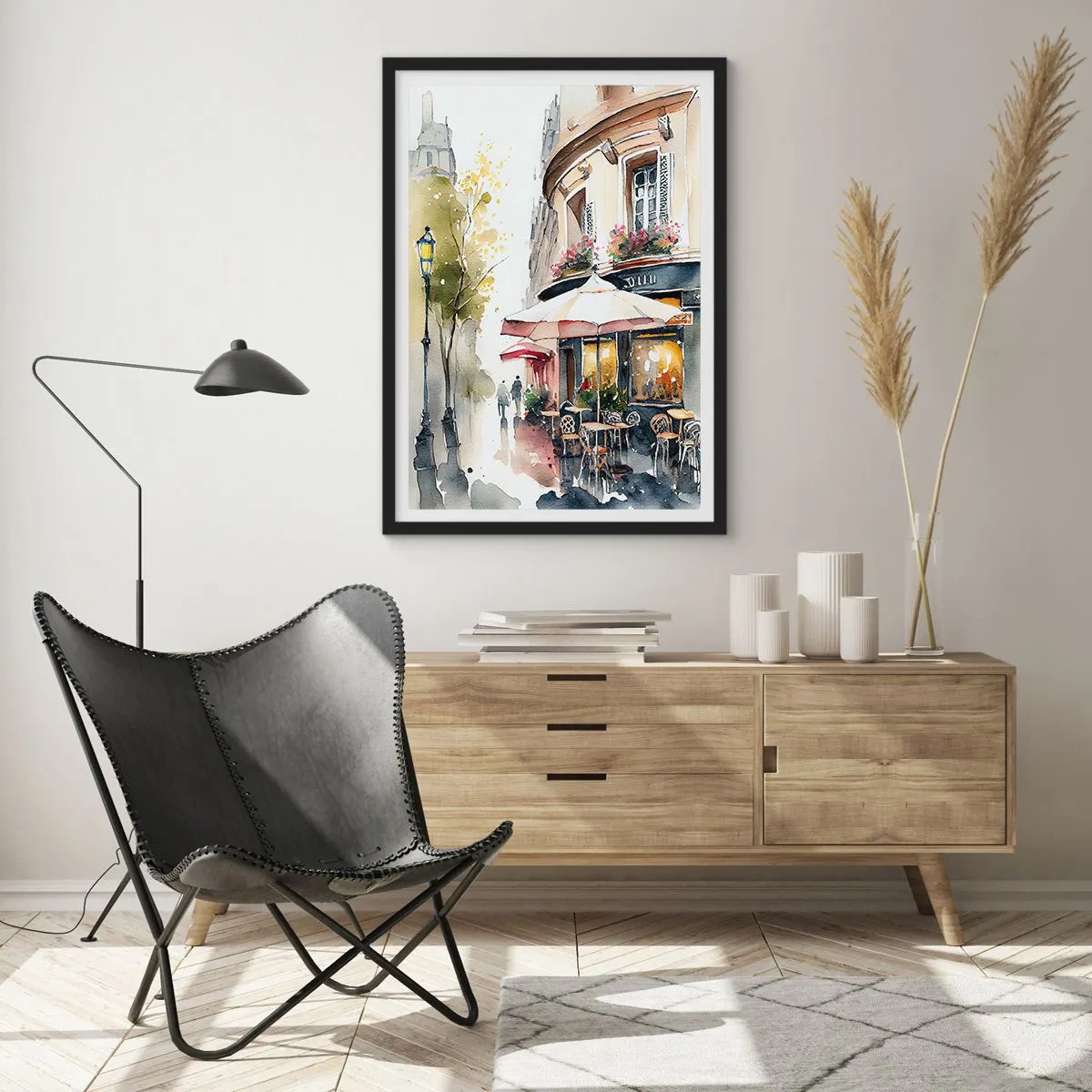 Póster en marco negro - Un café en una pintoresca calle de estilo europeo. - 50x70cm - Una mañana parisina - Decoración de pared moderna para salón y dormitorio ARTTOR