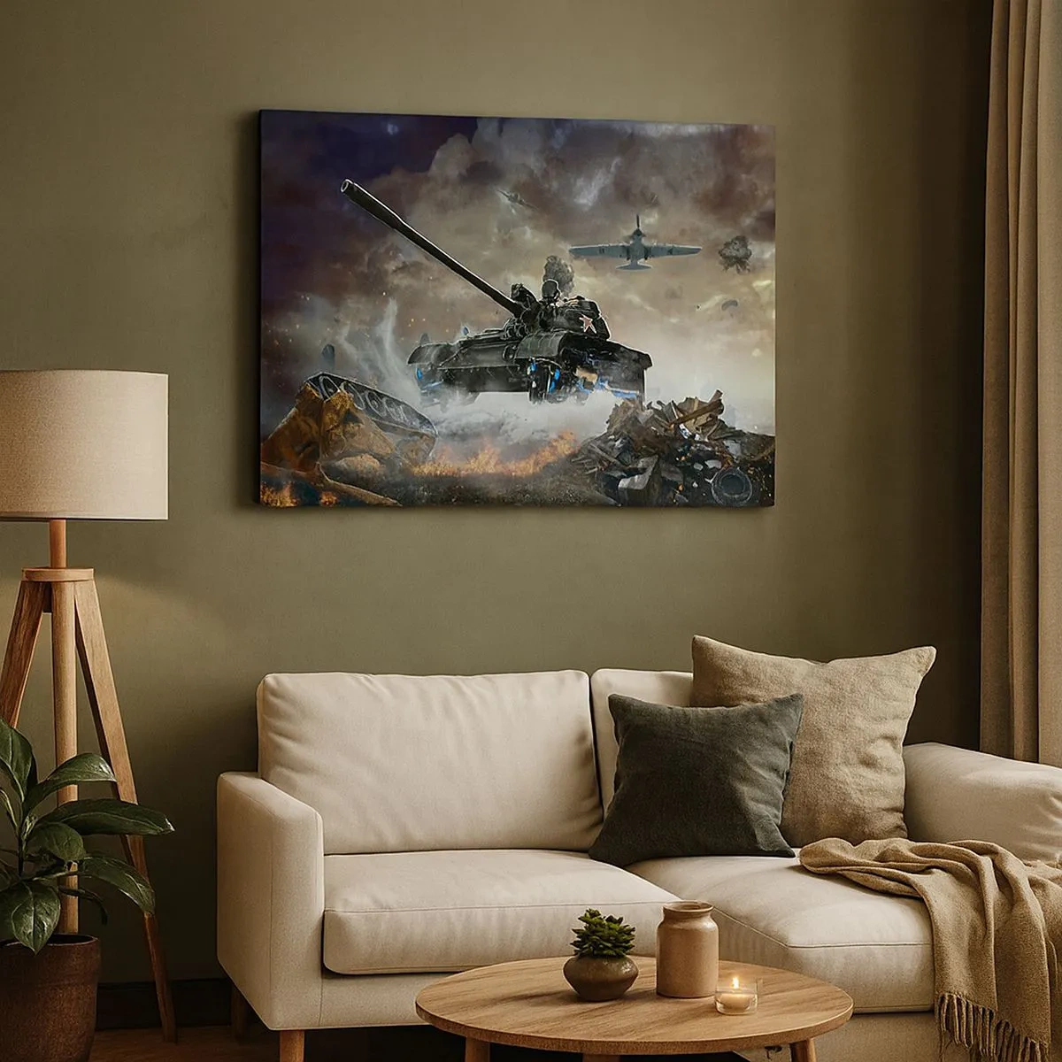 Cuadro sobre lienzo - Impresión de Imagen - Escena de batalla con tanques y aviones al fondo. - 70x50cm - La batalla es terrible y hermosa - Decoración de pared moderna para salón y dormitorio ARTTOR