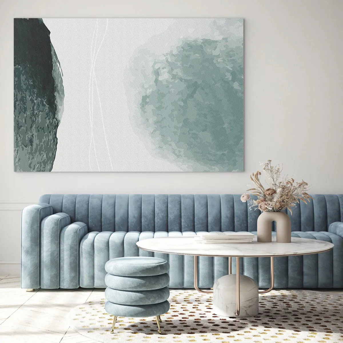 Cuadro sobre vidrio - Impresiones sobre Vidrio - Formas abstractas verdes sobre un fondo claro que se asemejan a la niebla. - 70x50cm - Un encuentro con la niebla - Decoración de pared moderna para salón y dormitorio ARTTOR
