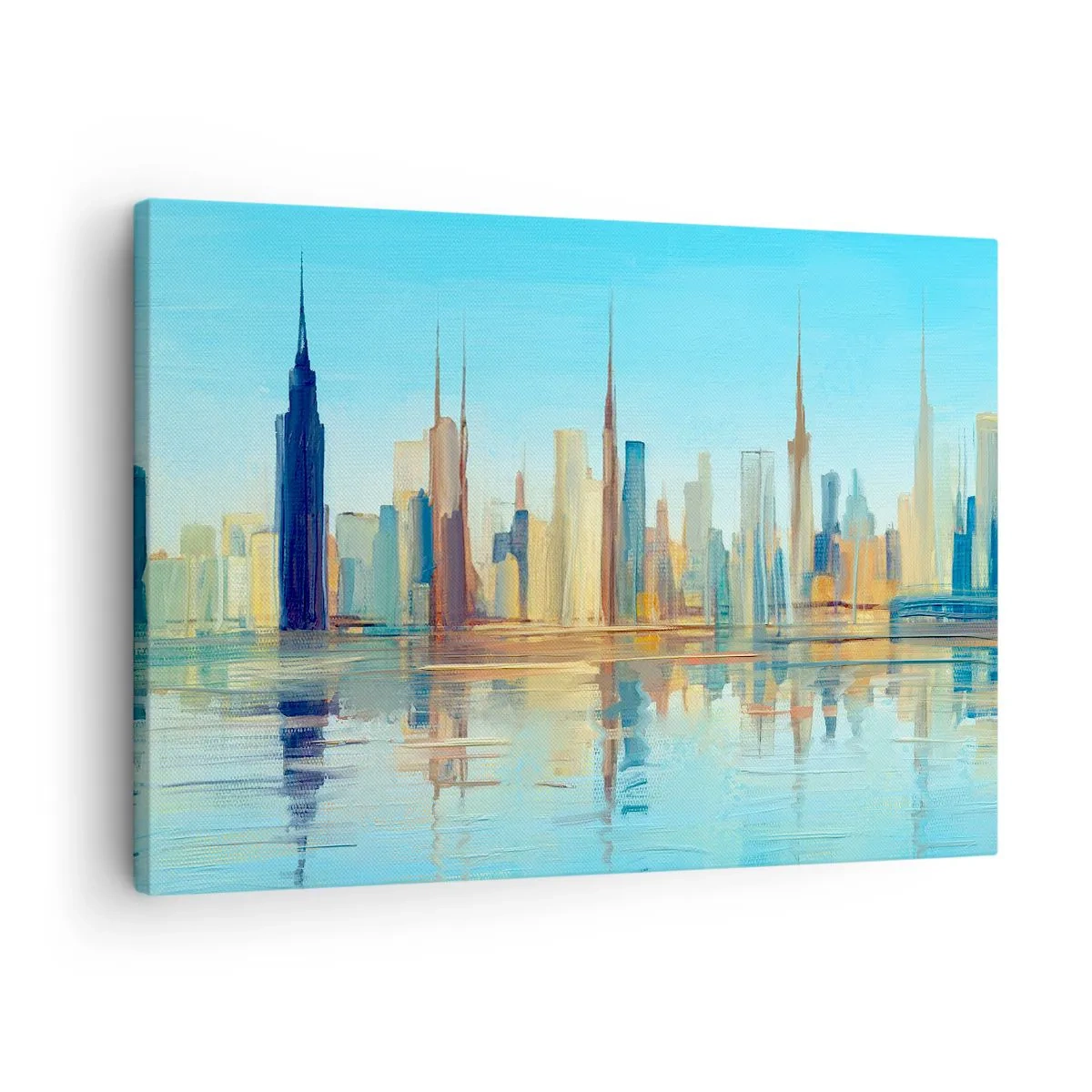 Cuadro sobre lienzo - Impresión de Imagen - Un panorama de la ciudad en colores cálidos con reflejo en el agua. - 70x50cm - Metrópolis soleada - Decoración de pared moderna para salón y dormitorio ARTTOR