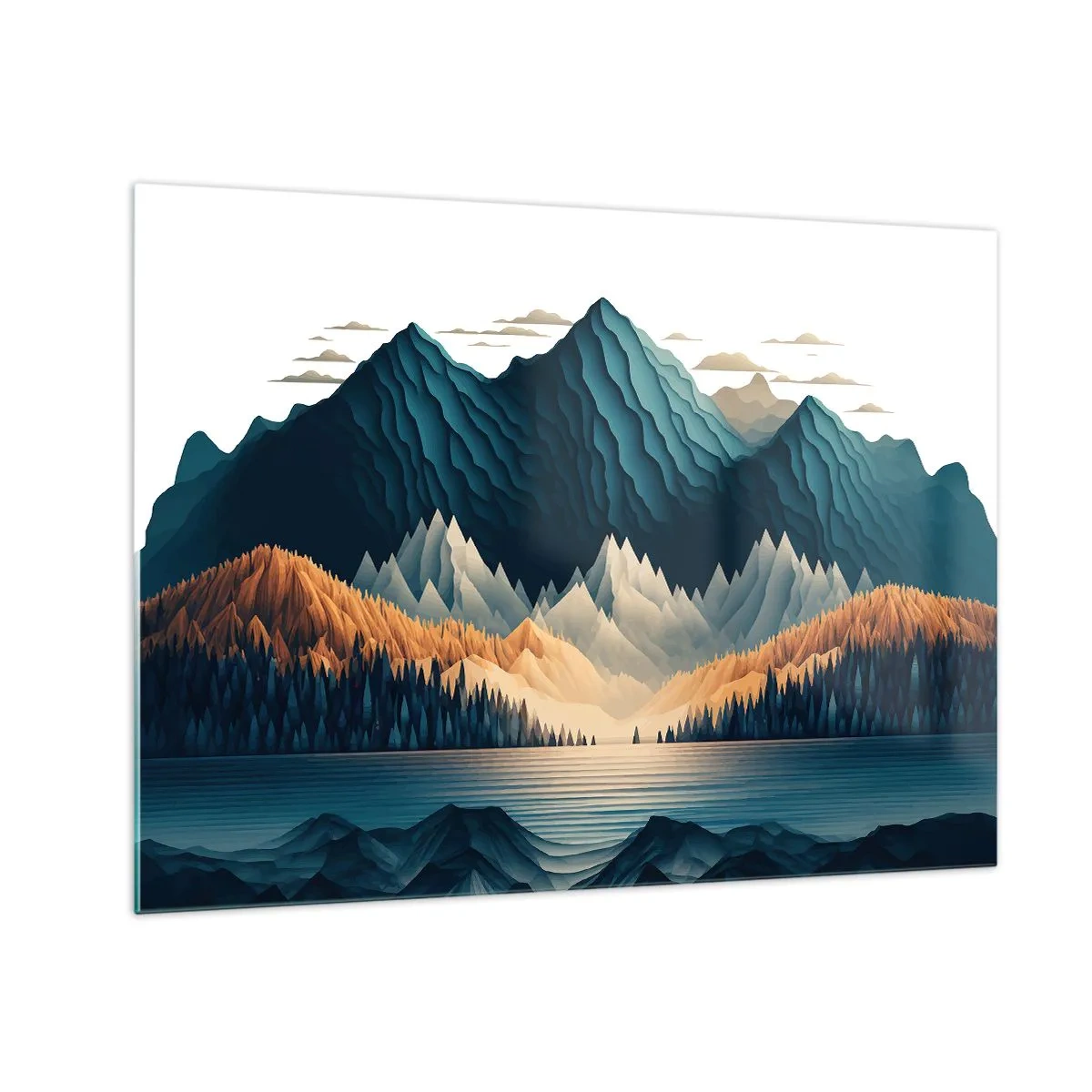 Cuadro sobre vidrio - Impresiones sobre Vidrio - Paisaje de montaña estilizado con un bosque y un lago. - 70x50cm - Paisaje perfecto de montañas - Decoración de pared moderna para salón y dormitorio ARTTOR