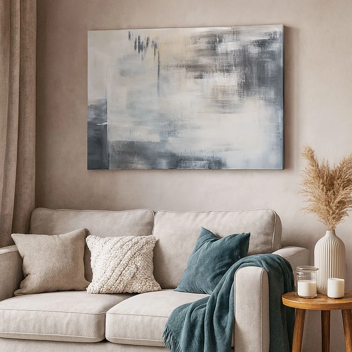 Cuadro sobre lienzo - Impresión de Imagen - Composición abstracta en tonos azules y grises. - 70x50cm - Detrás de un velo azul - Decoración de pared moderna para salón y dormitorio ARTTOR