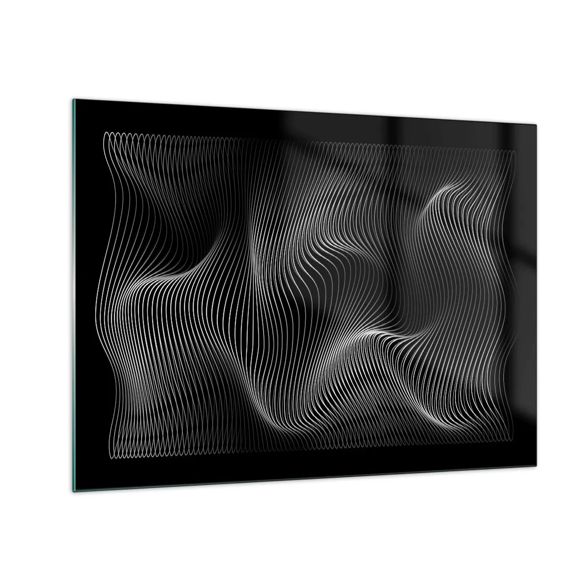 Cuadro sobre vidrio - Impresiones sobre Vidrio - Líneas blancas hipnóticas que ondulan sobre un fondo negro - 70x50cm - La danza de la luz en el espacio - Decoración de pared moderna para salón y dormitorio ARTTOR
