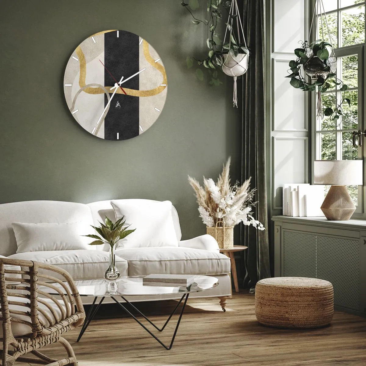 Reloj de pared - Reloj de vidrio - Líneas doradas sobre una raya negra y formas beige. - 30x30cm - Formas en bucle - Decoración de pared moderna para salón, cocina y dormitorio ARTTOR