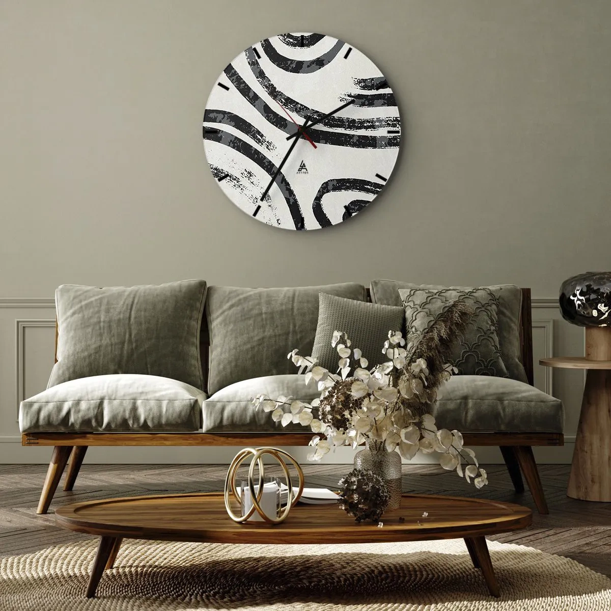 Reloj de pared - Reloj de vidrio - Arcos negros y grises sobre un fondo claro en estilo minimalista. - 30x30cm - A medias - Decoración de pared moderna para salón, cocina y dormitorio ARTTOR