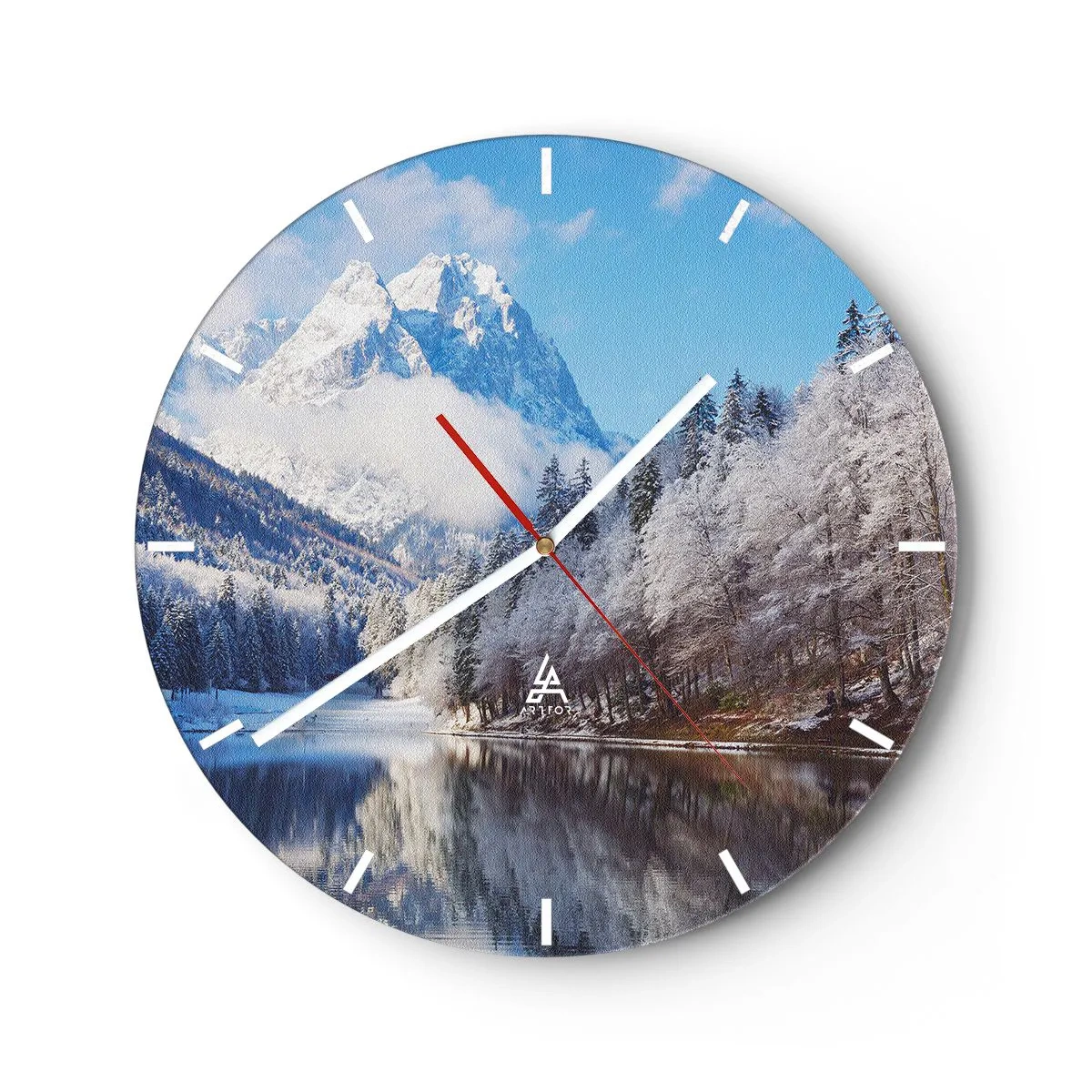 Reloj de pared - Reloj de vidrio - Montañas invernales reflejadas en un lago tranquilo - 30x30cm - Guardia de nieve - Decoración de pared moderna para salón, cocina y dormitorio ARTTOR