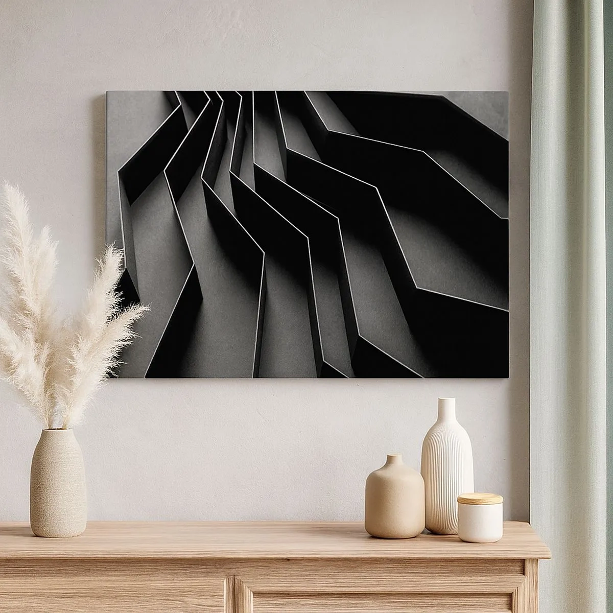 Cuadro sobre lienzo - Impresión de Imagen - Abstracción en blanco y negro con estructuras geométricas. - 70x50cm - Orden espacial - Decoración de pared moderna para salón y dormitorio ARTTOR
