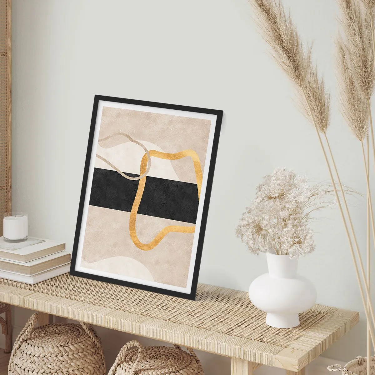 Póster en marco negro - Composición abstracta con fondo negro, dorado y neutro. - 50x70cm - Formas en bucle - Decoración de pared moderna para salón y dormitorio ARTTOR