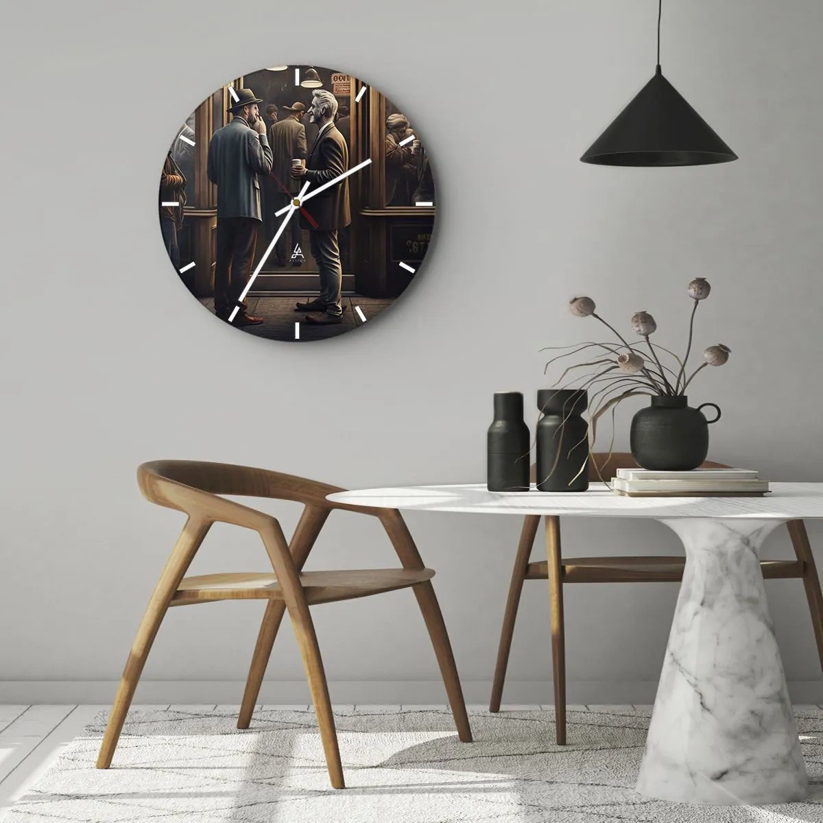 Reloj de pared - Reloj de vidrio - Dos hombres charlando mientras toman un café frente a una cafetería. - 30x30cm - Un buen momento del día - Decoración de pared moderna para salón, cocina y dormitorio ARTTOR