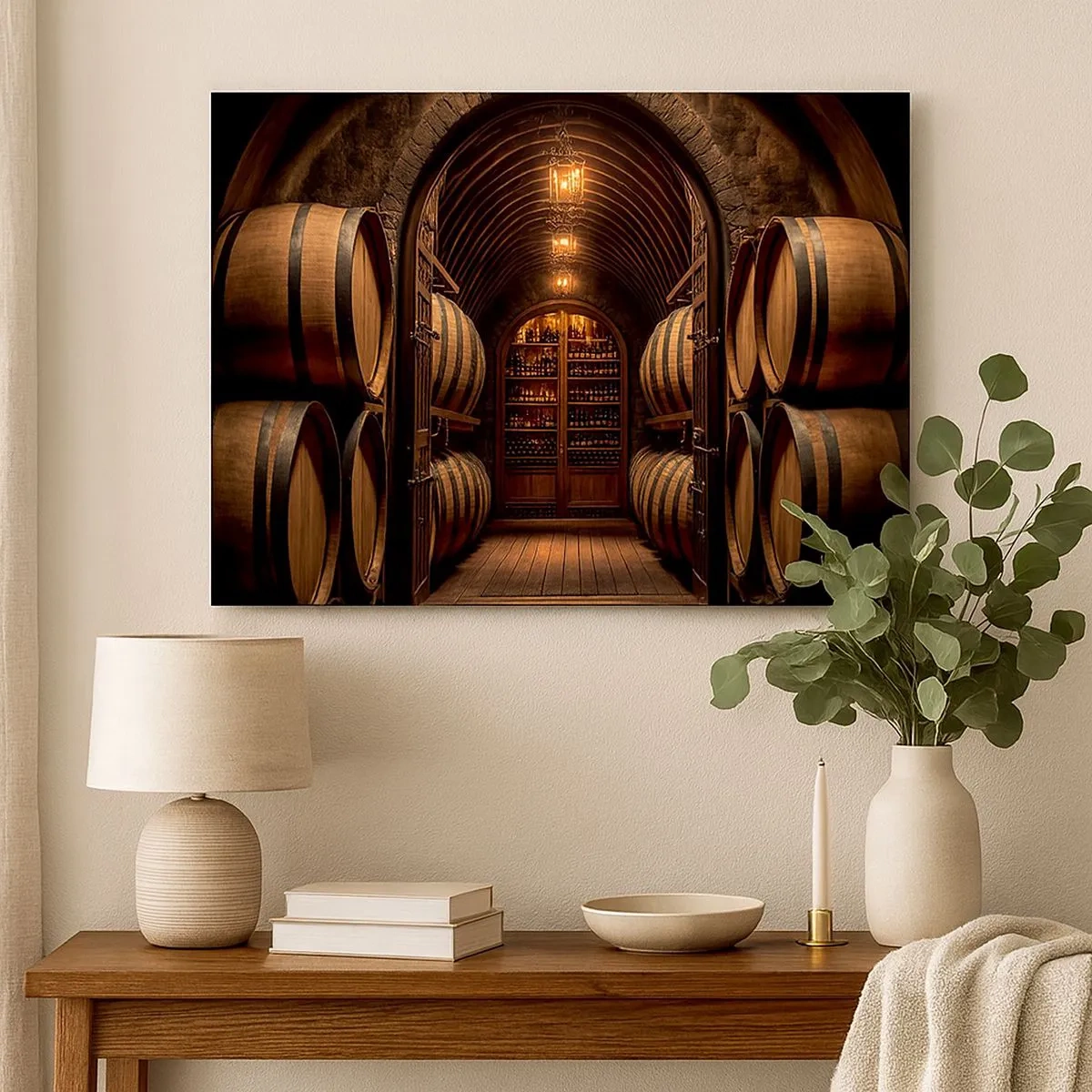 Cuadro sobre lienzo - Impresión de Imagen - Bodega con barriles de madera y estantes para vinos. - 70x50cm - Sótano atmosférico - Decoración de pared moderna para salón y dormitorio ARTTOR