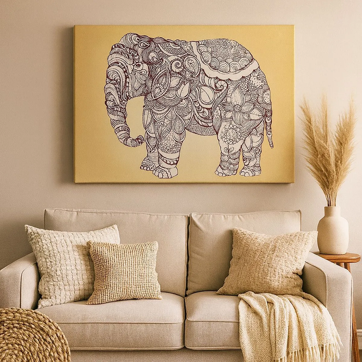 Cuadro sobre lienzo - Impresión de Imagen - Elefante dibujado a mano con un patrón ornamentado sobre un fondo beige. - 70x50cm - El elefante decorado - Decoración de pared moderna para salón y dormitorio ARTTOR