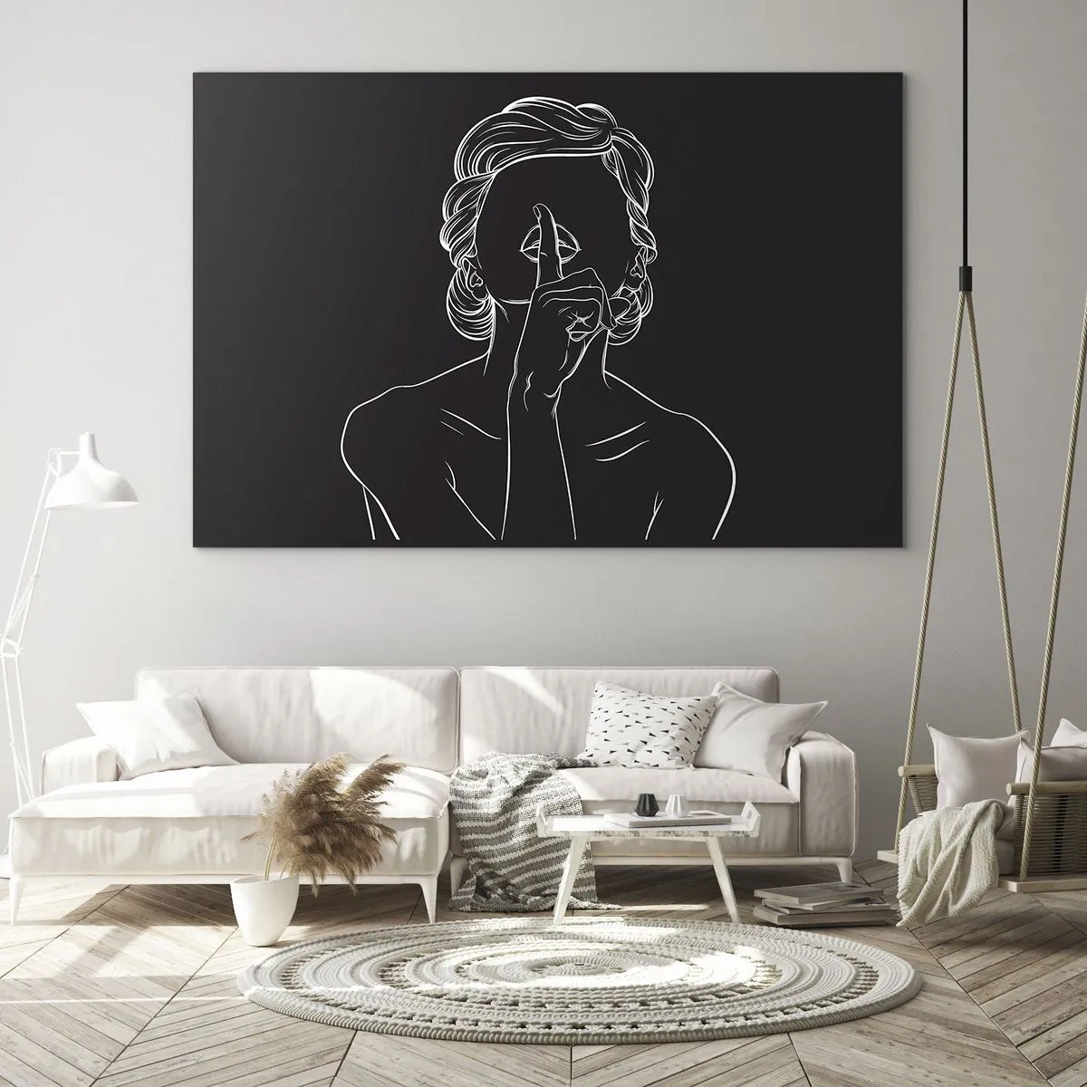Cuadro sobre vidrio - Impresiones sobre Vidrio - Una silueta minimalista de una mujer haciendo un gesto de silencio. - 70x50cm - La belleza florece en silencio - Decoración de pared moderna para salón y dormitorio ARTTOR