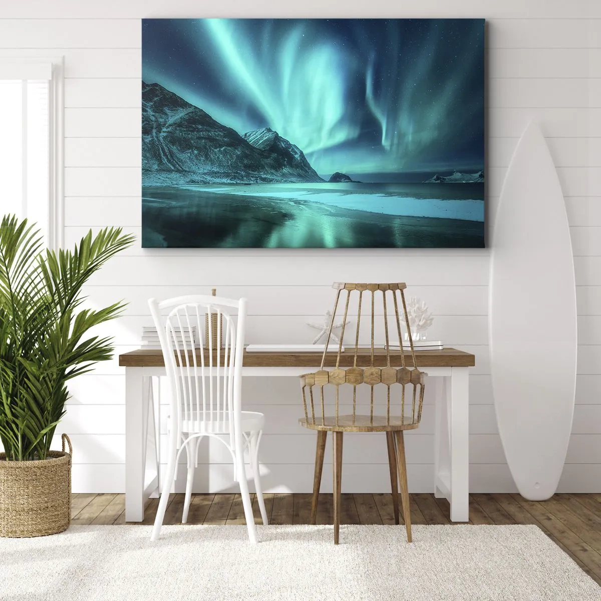 Cuadro sobre lienzo - Impresión de Imagen - Aurora boreal sobre un paisaje invernal montañoso - 70x50cm - Maravillas del norte - Decoración de pared moderna para salón y dormitorio ARTTOR