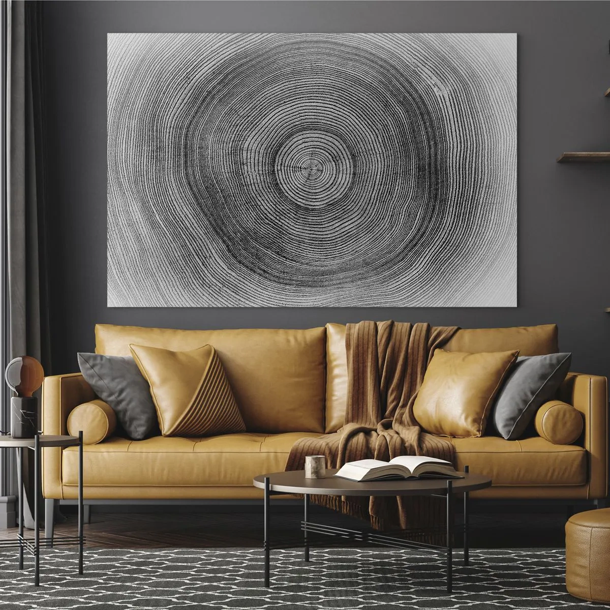 Cuadro sobre vidrio - Impresiones sobre Vidrio - Líneas concéntricas de anillos de árboles presentadas en una estética en blanco y negro. - 70x50cm - El paso del tiempo - Decoración de pared moderna para salón y dormitorio ARTTOR
