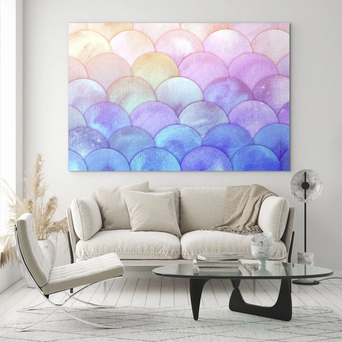 Cuadro sobre vidrio - Impresiones sobre Vidrio - Escamas de perla en tonos pastel de rosa, azul y morado. - 70x50cm - Concha de perla - Decoración de pared moderna para salón y dormitorio ARTTOR