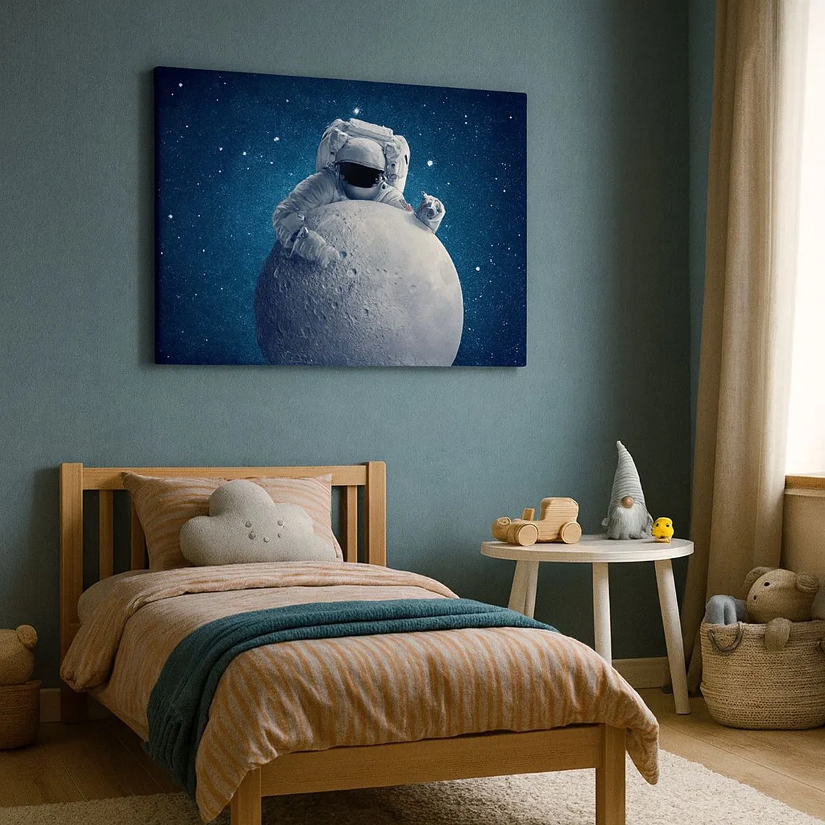 Cuadro sobre lienzo - Impresión de Imagen - Astronauta sosteniendo la luna contra un cielo estrellado - 70x50cm - Bromista espacial - Decoración de pared moderna para salón y dormitorio ARTTOR